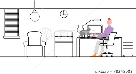 書斎線画+男性の仕事の邪魔をする猫 書斎線画+男性の仕事の邪魔をする猫 78245003