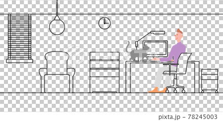 書斎線画+男性の仕事の邪魔をする猫 書斎線画+男性の仕事の邪魔をする猫 78245003