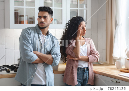 Relationship Problems. Upset Arab Couple Ignoring Each Other After Quarrel At Home 78245126