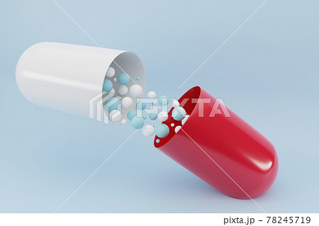 Opened two-colored capsule of medication pill with white and blue balls flying out of on blue background. 3d render. Opened two-colored capsule of medication pill with white and blue balls flying out of on blue background. 3d render. 78245719