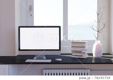 Blank computer desktop with keyboard on table at window, books on marble table in sunny room, mockup Blank computer desktop with keyboard on table at window, books on marble table in sunny room, mockup 78245759