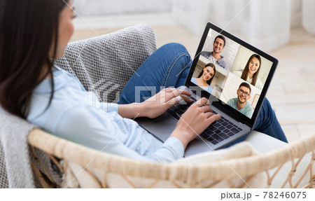 Video call with family at quarantine at home. Involved in conference, laptop screen, easy and convenient app 78246075