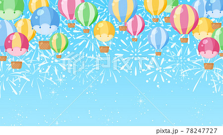 かわいい気球と花火の背景イラスト 青空 16 9のイラスト素材