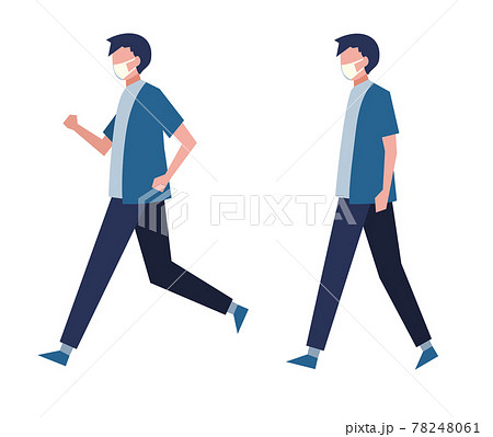 マスクを着用して走る男性と歩く男性のセット 人物フラットイラスト カットイラストのイラスト素材