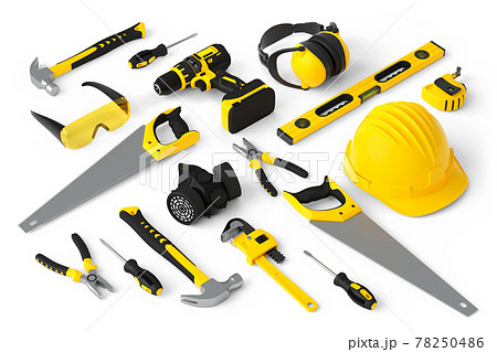 Isometric view of yellow construction tools for repair on white Isometric view of yellow construction tools for repair on white 78250486