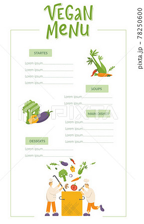 Vegan menu, cooks are cooking vegetable soup on kitchen in restaurant. Funny chef men making vegetarian dish. Handwritten lettering and vector stock illustration isolated on white background 78250600