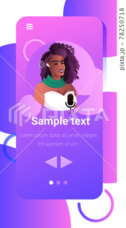 woman in earphones communicating by voice messages audio chat application online communication 78250718