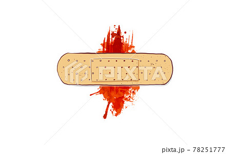 Adhesive blood tape and red blood stain on white background. 78251777