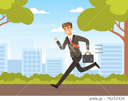Businessman in Hurry Running with Briefcase Outdoors Vector Illustration 78252420