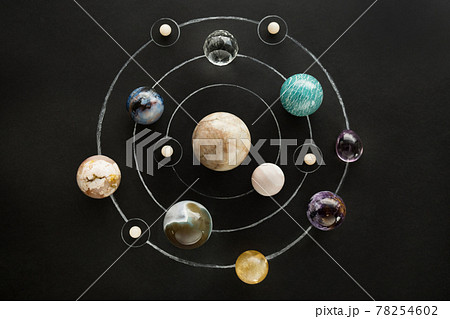 Crystal stones set in the form of a planetary system on black background. Round gemstones as planets on dark background 78254602