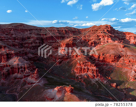 Scenic Aerial view of red sandstone rocks of Fairy Chimneys in Narman Valley. Erzurum, Turkey 78255378