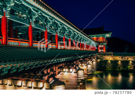Night view of Woljeonggyo traditional bridge on river in Gyeongju, Korea 78257780