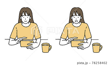 シンプルなタッチ スマホで映画をみる女性のイラストレーションのイラスト素材