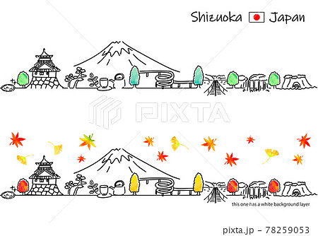 秋の静岡県の街並みのシンプル線画セット