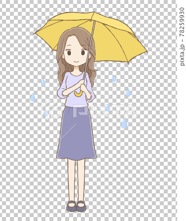 雨降りで傘をさすロングウェーブヘアの女性（全身） 78259930