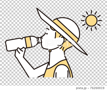 Simple illustration: A boy wearing a hat drinking water from a plastic bottle 78260019
