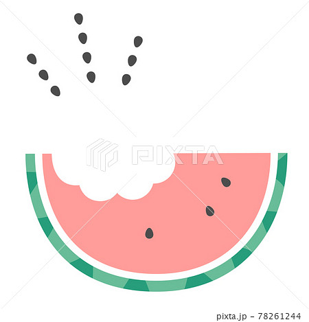 パステルカラーの食べかけの赤いスイカと弾ける種のイラストのイラスト素材