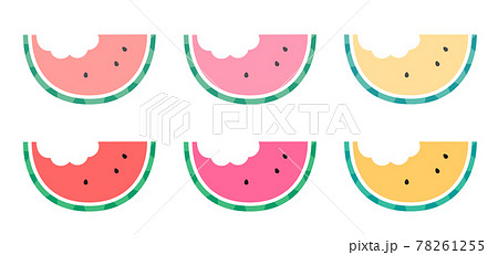 かわいい食べかけハーフカットのスイカのイラストセットのイラスト素材