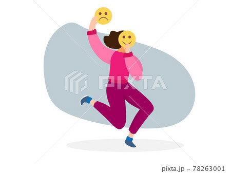 Women choose positive smile emotions to hide their true faces, the concept of insincere agreement with each other. Flat style cartoon illustration vector Women choose positive smile emotions to hide their true faces, the concept of insincere agreement with each other. Flat style cartoon illustration vector 78263001