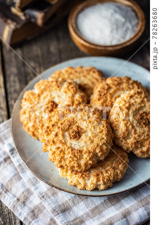 Sweet coconut cookies. Tasty biscuits with coconut flavor. Sweet coconut cookies. Tasty biscuits with coconut flavor. 78263680
