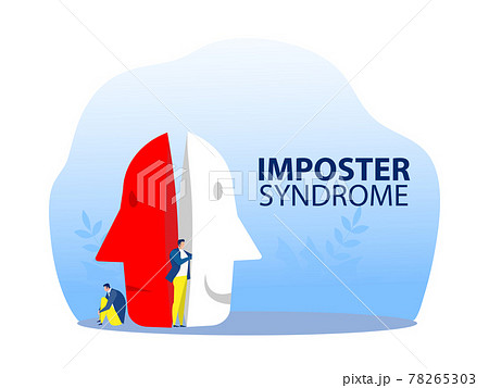 imposter syndrome, man trying on carnival masks with happy or sad expressions. 78265303