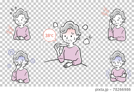 ベクターイラスト素材:体調不良のシニア女性、セット ベクターイラスト素材:体調不良のシニア女性、セット 78266986