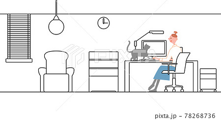 書斎線画＋女性の仕事の邪魔をする猫 78268736