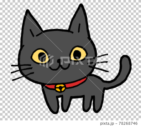 鈴を付けた黒い飼い猫のゆるいイラスト2のイラスト素材