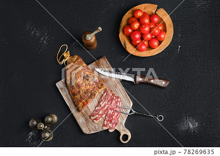 Homemade smoked pork sausage in organic casing Homemade smoked pork sausage in organic casing 78269635