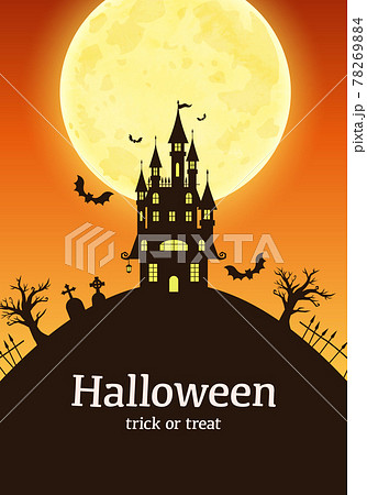 秋のハロウィンの城の黒いシルエットのベクターイラストフレーム背景のイラスト素材 7694