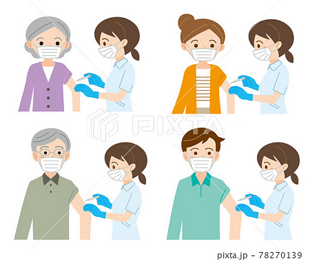 看護師からワクチン接種を受ける男女のイラストセット/白背景 78270139