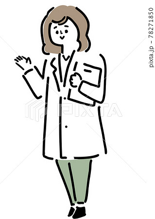 ゆるい線で描く案内をする白衣の女性のイラスト素材