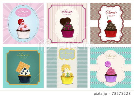 Big vector retro set. Cupcakes with topping with a geometric background. Vector greeting card for a birthday or holiday. Dessert for a website, bakery, menu, or pastry shop 78275228