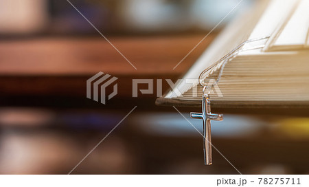 The opened Bible on altar in the public church. 78275711