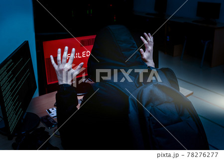 Internet criminal hacker trying to hack into corporate servers arrested by police at night. Portrait of a surrendered computer hacker who raised his hands under a flashlight. failed hack Internet criminal hacker trying to hack into corporate servers arrested by police at night. Portrait of a surrendered computer hacker who raised his hands under a flashlight. failed hack 78276277