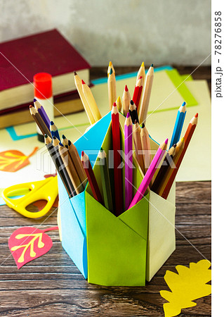 Pencil Holder the new school year on wooden table. Welcome back to school. Childrens Art Project, needlework, crafts for kids. 78276858