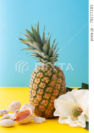 Pineapple close up on yellow blue background Pineapple close up on yellow blue background 78277285