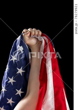 Human hand holding national American flag. USA Memorial Day, Labour Day, Independence Day public holidays. 78279921