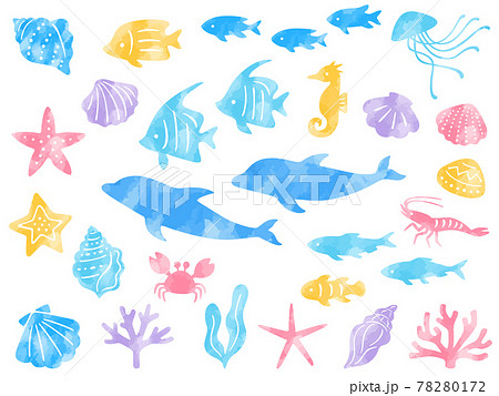 海の生き物の水彩風イラストセットのイラスト素材