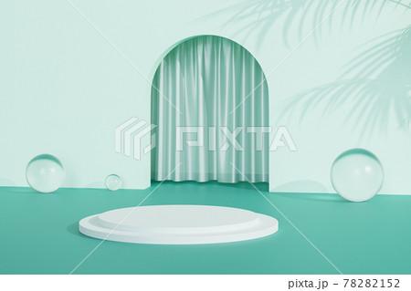 Podium or pedestal for products or advertising near to green mint empty entrance with curtains and tropical leaf shadows. 3D minimal rendering. 78282152