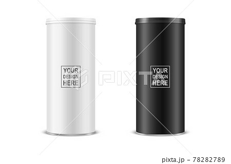 Vector 3d Realistic Blank Glossy White, Black Metal Tin Can, Canned Food, Potato Chips Packaging With Lid Set Isolated On White Background. Design Template, Mockup. Front View 78282789