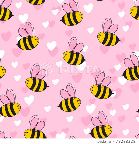 Seamless pattern with bees and hearts on color background. Small wasp. Vector illustration. Adorable cartoon character. Template design for invitation, cards, textile, fabric. Doodle style Seamless pattern with bees and hearts on color background. Small wasp. Vector illustration. Adorable cartoon character. Template design for invitation, cards, textile, fabric. Doodle style 78283228