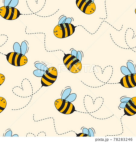 Seamless pattern with bees on color background. Small wasp. Vector illustration. Adorable cartoon character. Template design for invitation, cards, textile, fabric. Doodle style 78283246