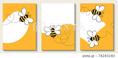 Web banner with drawn cartoon bee mascot. Incest concept design. Bees flying on a dotted route. Wasp collection. Modern collection of contemporary posters. Vector illustration for social media, print 78283283