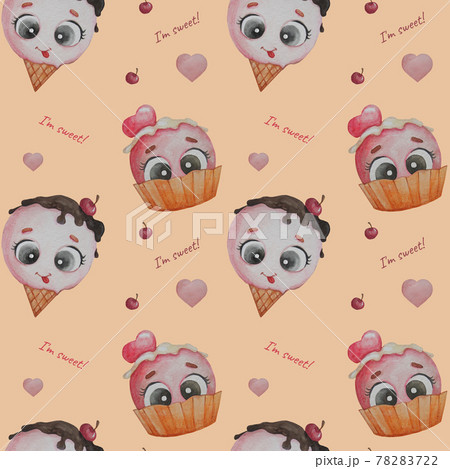 Seamless pattern. Funny cute ice cream with eyes in a waffle cup on a beige background. Watercolor. Hand drawing for wallpaper, decor, printing, packaging, textiles and decor Seamless pattern. Funny cute ice cream with eyes in a waffle cup on a beige background. Watercolor. Hand drawing for wallpaper, decor, printing, packaging, textiles and decor 78283722