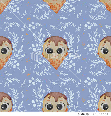 Seamless pattern. Funny ice cream with eyes and a smile. Round ball of dessert with chocolate in a waffle cup on a blue background with an openwork decorative floral pattern. Watercolor Seamless pattern. Funny ice cream with eyes and a smile. Round ball of dessert with chocolate in a waffle cup on a blue background with an openwork decorative floral pattern. Watercolor 78283723