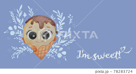 Cute character. chocolate ice cream ball with eyes in a waffle cup on a blue background with a floral pattern. horizontal poster with the text I am sweet. Watercolor illustration. Childrens collection Cute character. chocolate ice cream ball with eyes in a waffle cup on a blue background with a floral pattern. horizontal poster with the text I am sweet. Watercolor illustration. Childrens collection 78283724