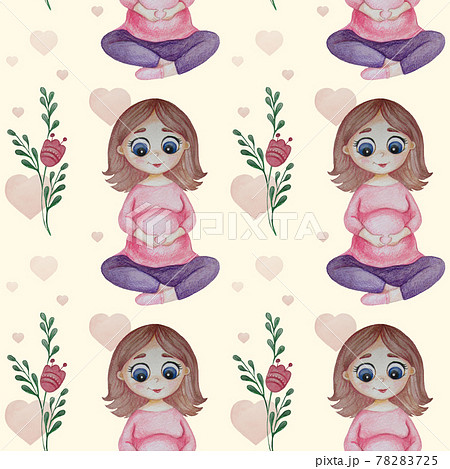 Happy pregnancy seamless pattern. A cute pregnant woman in pink sits and does yoga, folded her hands on her stomach on a delicate pink background with flowers and hearts. Watercolor Happy pregnancy seamless pattern. A cute pregnant woman in pink sits and does yoga, folded her hands on her stomach on a delicate pink background with flowers and hearts. Watercolor 78283725