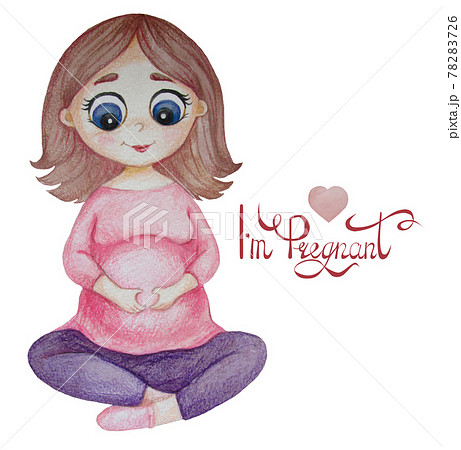 Cute happy pregnant woman in pink sitting and doing yoga with her hands on her stomach in the shape of a heart. White background with the inscription - I'm pregnant. Watercolor 78283726
