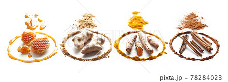 Circle of spices and honey on white background Circle of spices and honey on white background 78284023